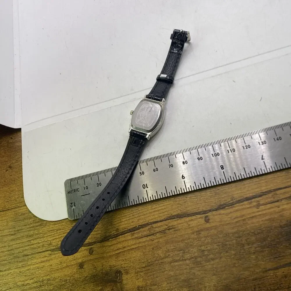 Womens Black Leather Silver Watch New Battery